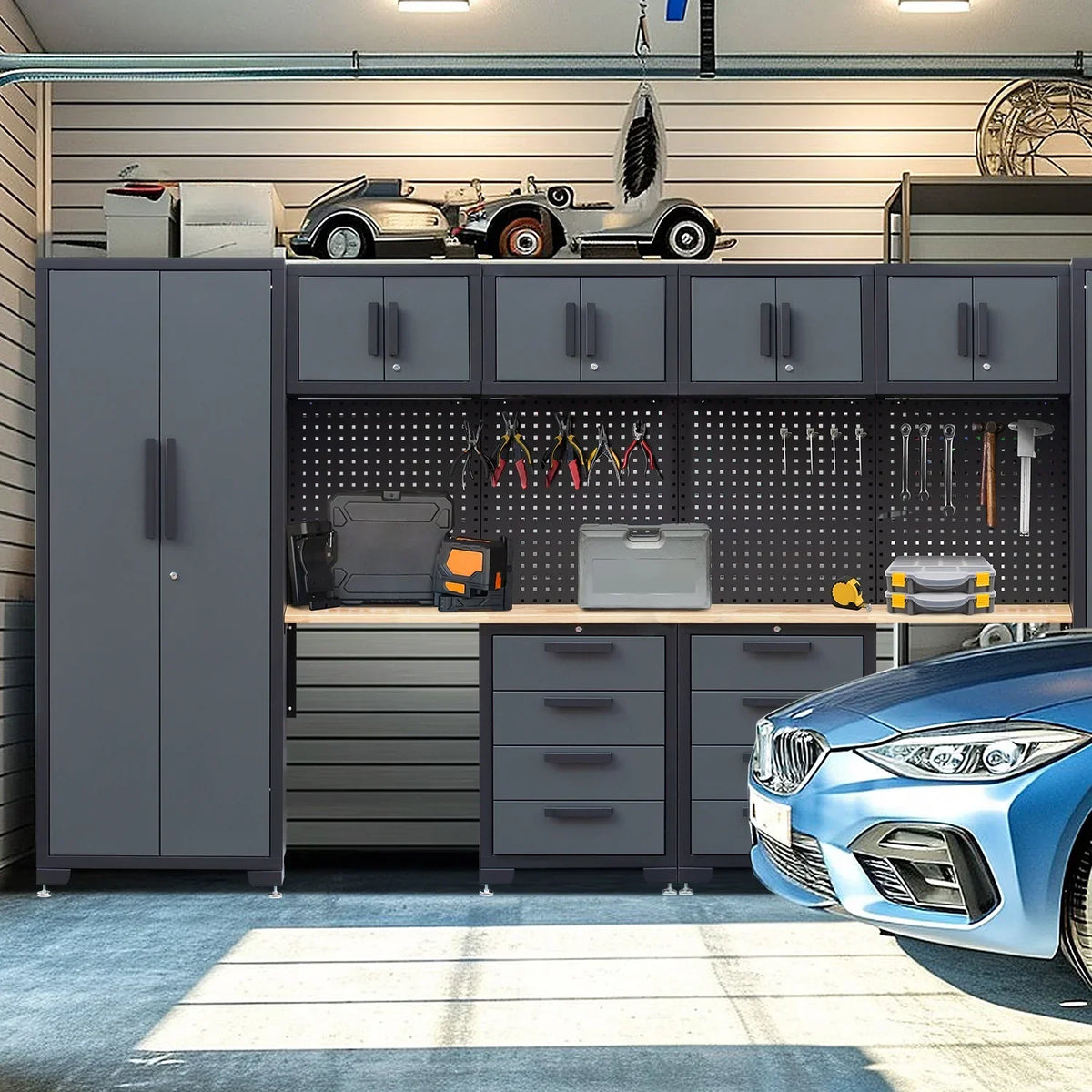 2026 NewHPDMC Garage Storage Cabinet System 7-Pcs Workshop Set Metal Garage Cabinets System with Steel Cabinet Drawers, Workbench, Pegboard for Garage Tool Organization