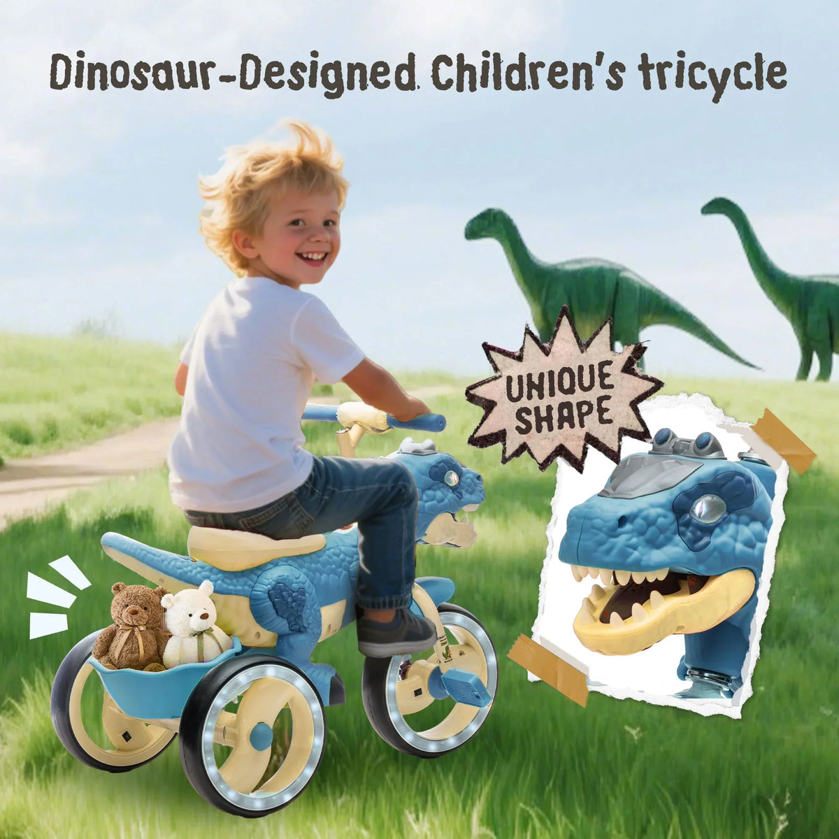 2026 NewXuanlur Kids Ride on Dinosaur Tricycle, Toddlers Kid Trike with Wide Flash Wheels, Anti-Slip Pedals, Rear Basket, Music & LED Lights, Toddler Bike Toys Gift for 3-6 Year Old Boys & Girls (Green)