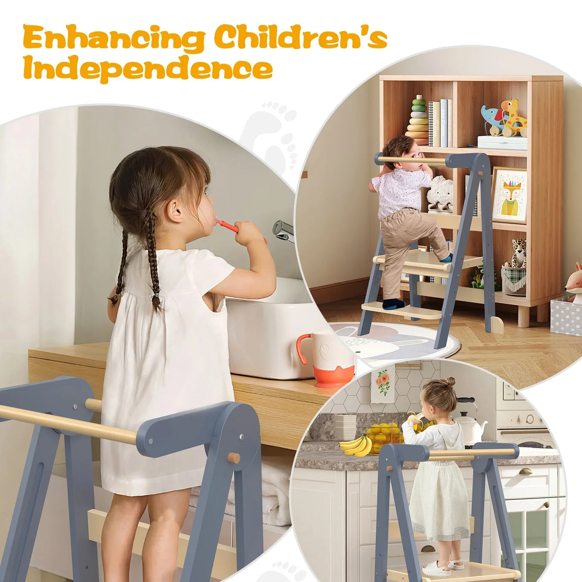 2026 NewJOZ Kitchen Toddlers Step Stool, Montessori Kids Learning Stool, Foldable Toddler Tower for Counter, Standing Helper for Children, 3 Adjustable Heights, Wooden, White