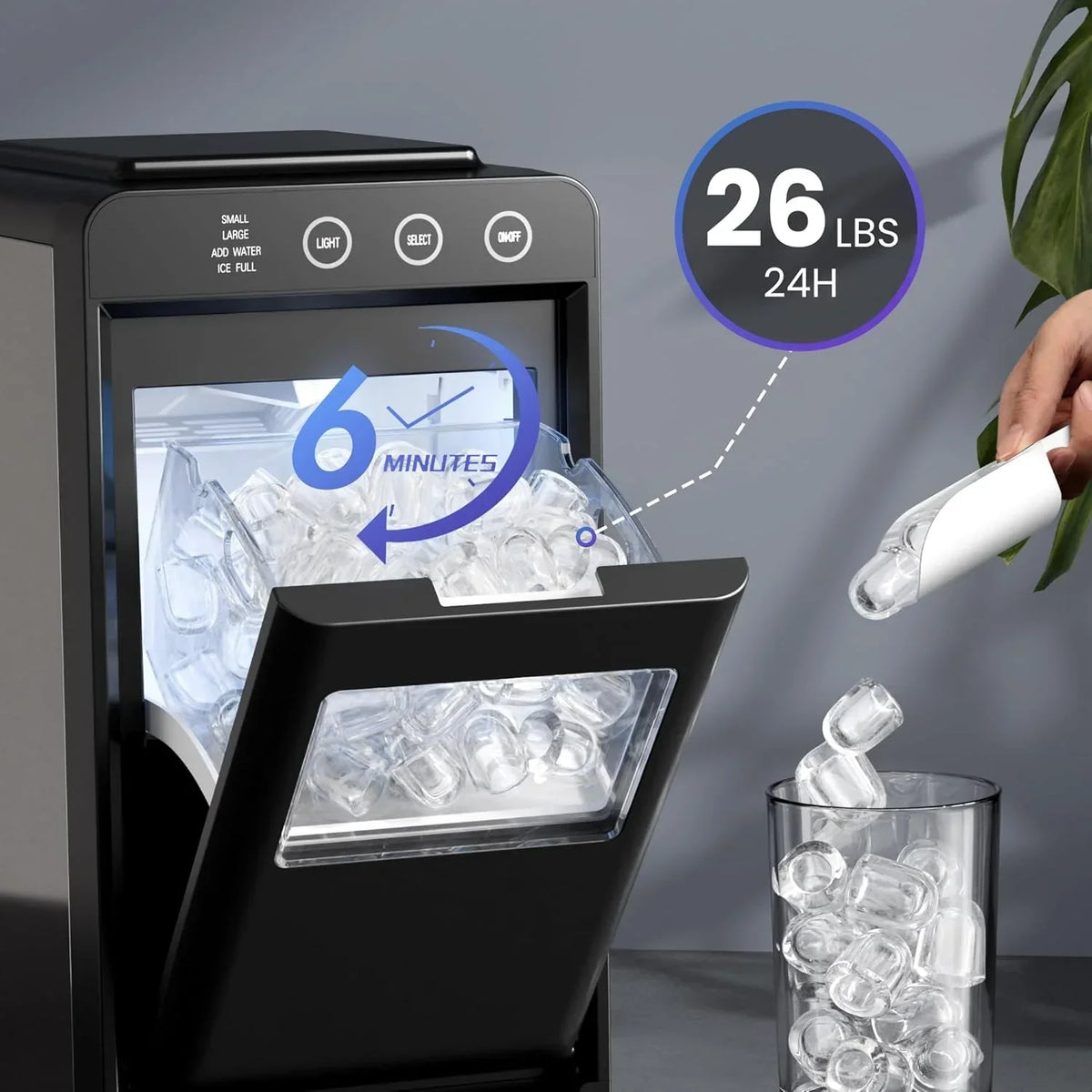 2026 NewMoifoi Ice Maker Countertop, 26 lbs/24 H, 8 Pcs Ice in 6 Mins, Portable Ice Maker Machine with Self-Cleaning, Interior Lighting, 2 Sizes Bullet Ice, Black