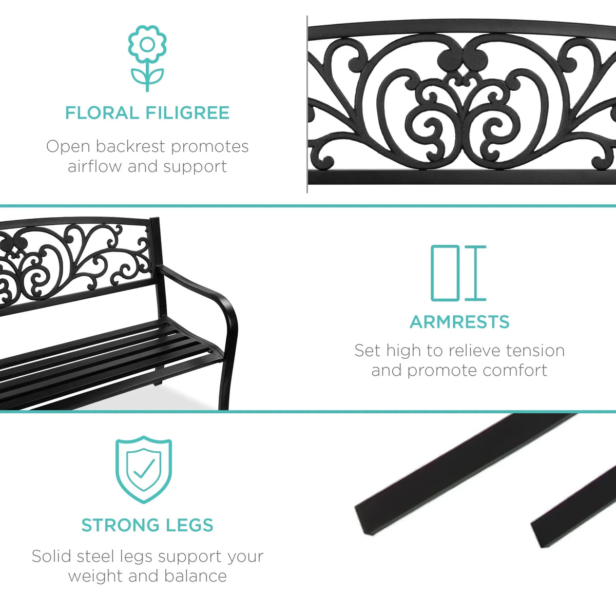 2026 NewBest Choice Products Outdoor Steel Bench Garden Patio Porch Furniture w/ Floral Design Backrest - Black