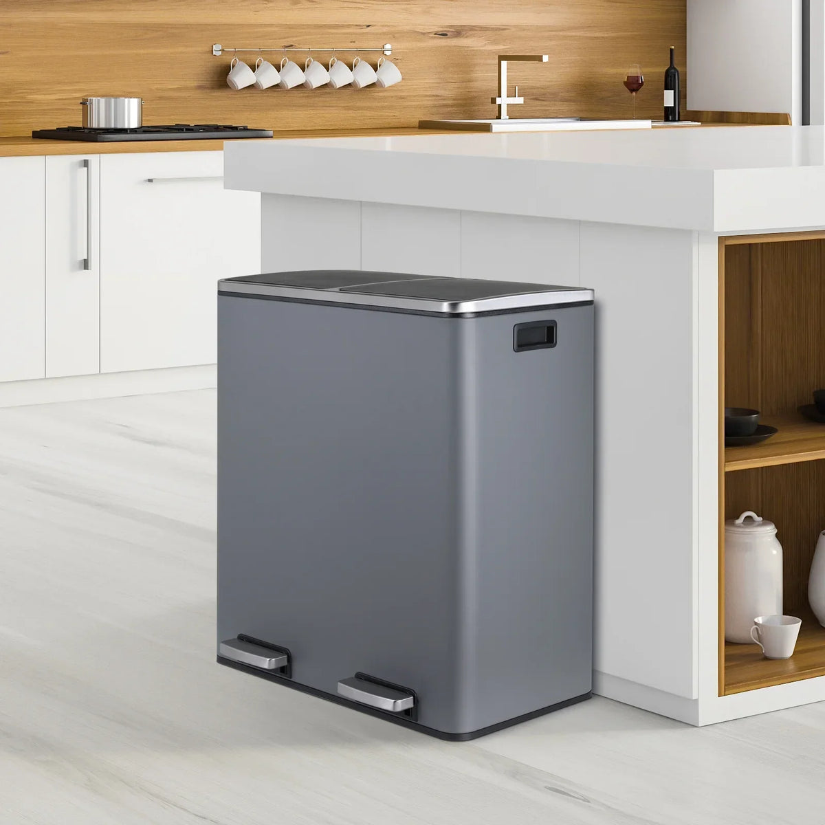 2026 NewLAZY BUDDY Dual Garbage Can, Stainless Steel 16 Gallon Step Kitchen Trash Can with Soft-Close Lid, Double Compartment Garbage Recycling Bin