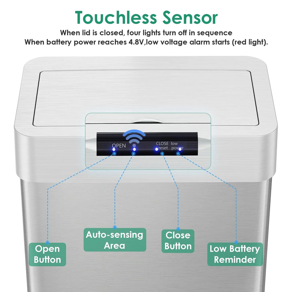 2026 NewLAZY BUDDY 60 Liter / 16 Gallon Stainless Steel Motion Sensor Trash Can for Kitchen, Bathroom, Rectangular