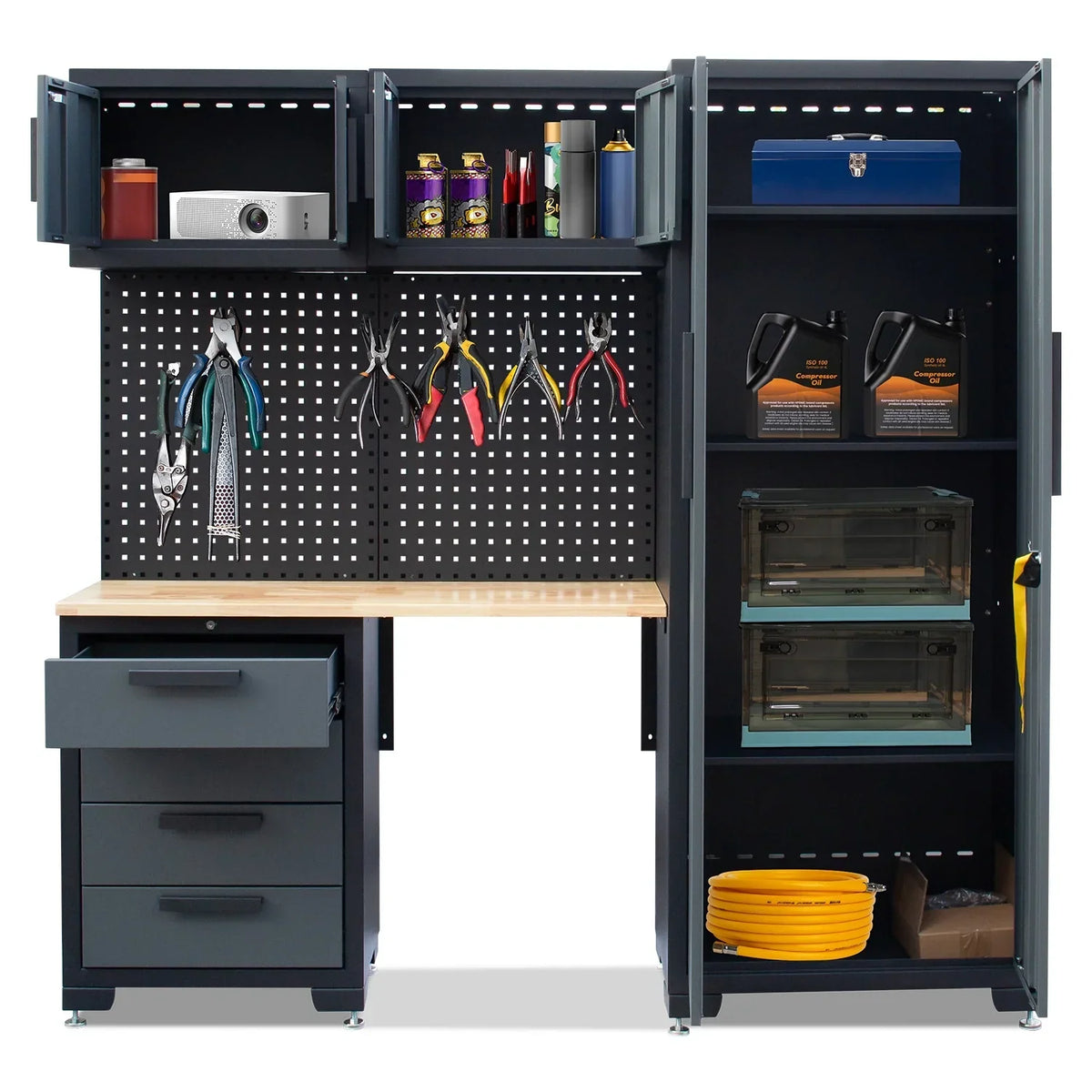 2026 NewHPDMC Garage Storage Cabinet System 7-Pcs Workshop Set Metal Garage Cabinets System with Steel Cabinet Drawers, Workbench, Pegboard for Garage Tool Organization