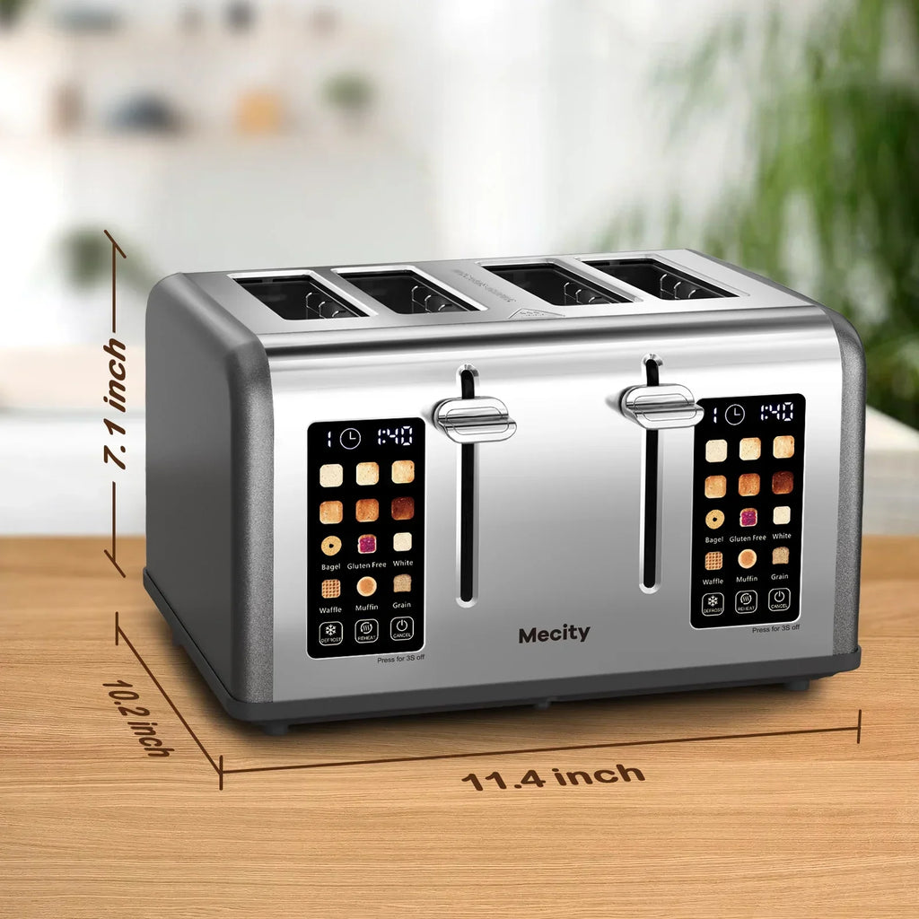 2026 NewMecity 4-Slice Touchscreen Toaster, Stainless Steel, 6 Browning Settings, Reheat, Cancel, Defrost, Removable Tray