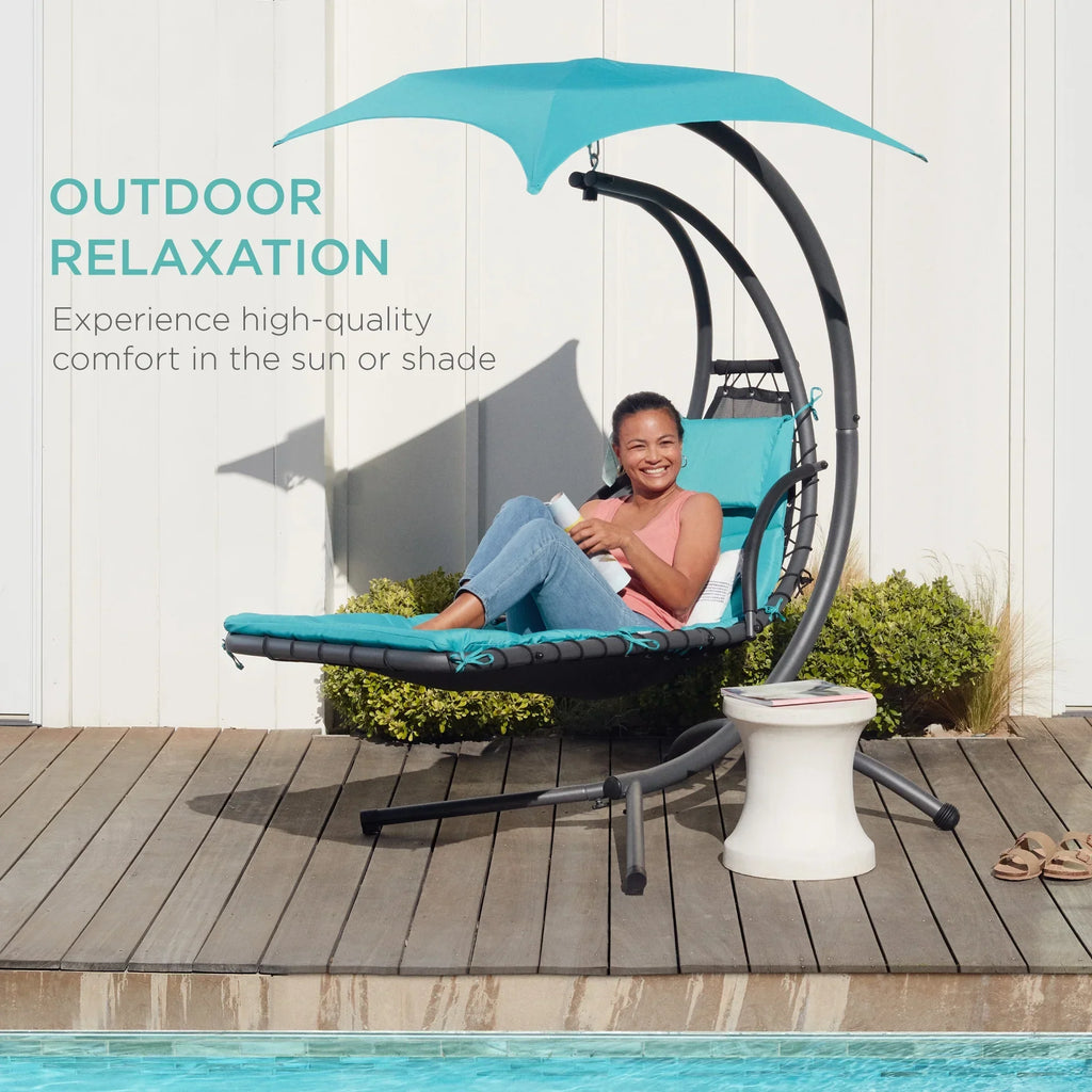 2026 NewBest Choice Products Hanging Curved Chaise Lounge Chair Swing for Backyard, Patio w/ Pillow, Shade, Stand - Teal