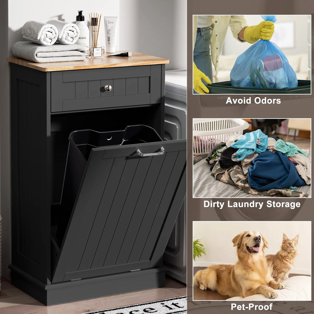 2026 NewHARIPUL Single Tilt Out Trash Cabinet for 13 Gallon Waste Bin, Free Standing Kitchen Trash Can Cabinet with Drawers, White