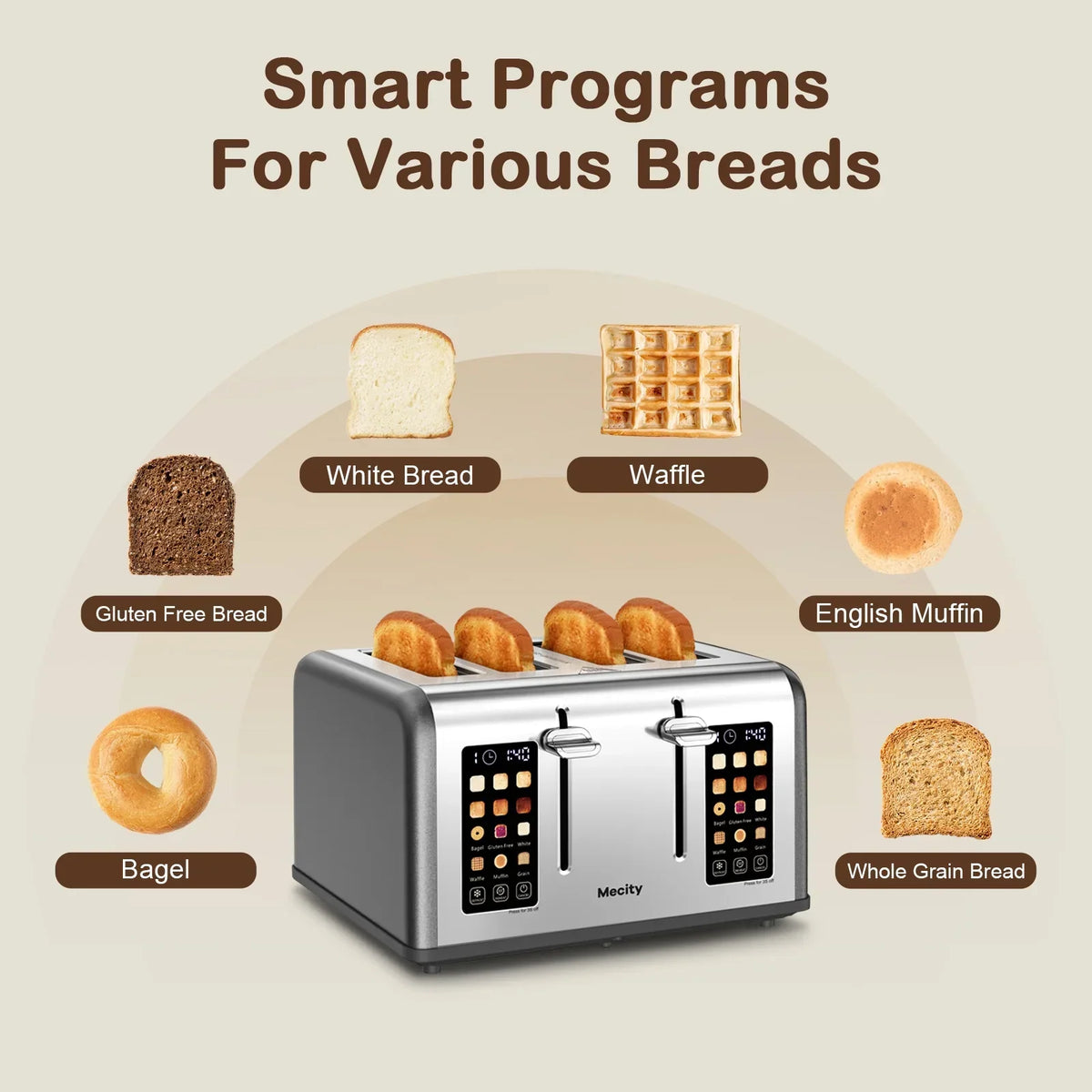 2026 NewMecity 4-Slice Touchscreen Toaster, Stainless Steel, 6 Browning Settings, Reheat, Cancel, Defrost, Removable Tray