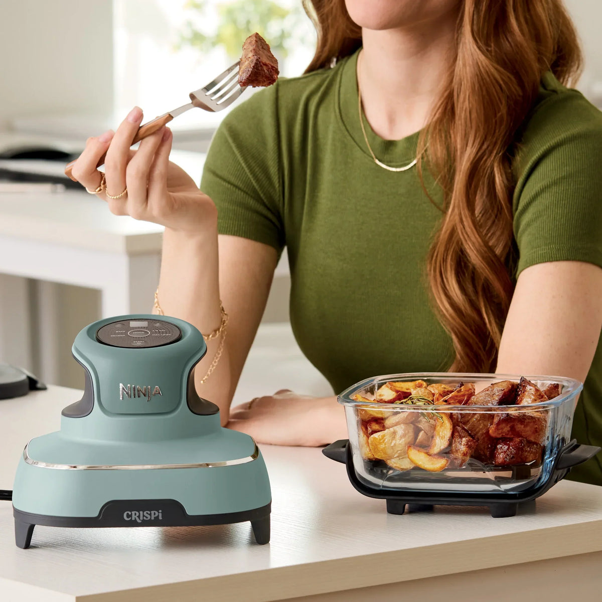 2026 NewNinja Crispi 4-in-1 Portable Glass Air Fryer Cooking System, 4-Qt & 6-Cup Containers, Cyberspace