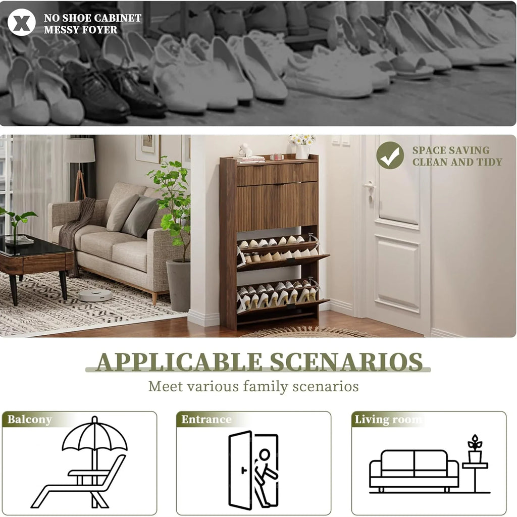 2026 NewShoe Cabinet, Free Standing Tipping Bucket Shoe Rack Organizer with 3 Flip Drawers, Modern Entryway Narrow Shoe Rack with 2 Drawers & Top Storage, for Hallway Bedroom, Walnut