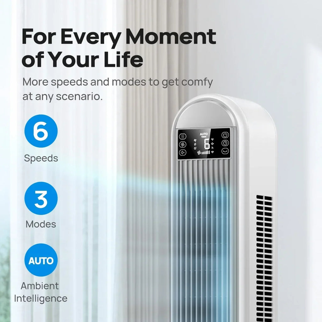 2026 NewDreo Tower Fan for Home, 42" Standing Fan with Remote, 90" Oscillating Fan for Indoors, 34dB Quiet Bedroom Fans, 6 Speeds, 4 Modes, 12H Timer, Bladeless Fan with LED Display, 26 ft/s High Velocity