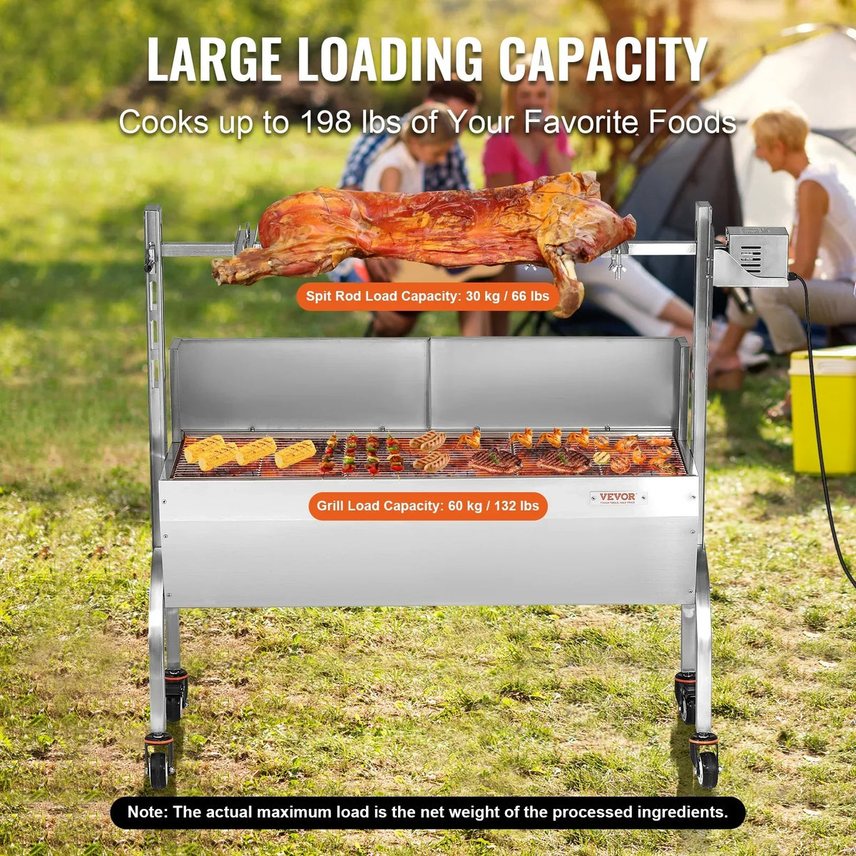 2026 NewVEVOR Rotisserie Grill with Windscreen, BBQ Whole Pig Lamb Goat Charcoal Spit Grill, 46 Inch 132 Lbs Capacity, Electric 52W Motor Stainless Steel Roaster with Lockable Wheels, for Camping Outdoor