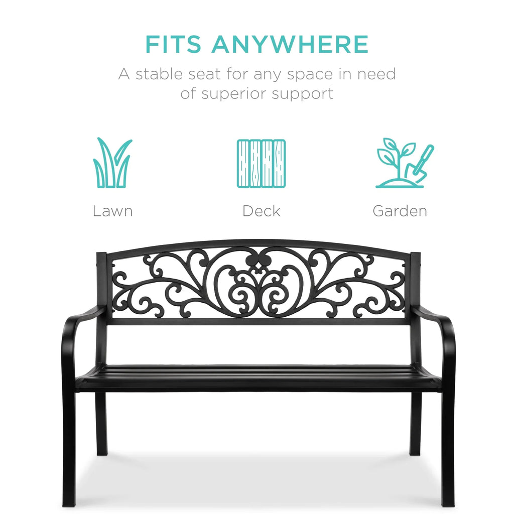 2026 NewBest Choice Products Outdoor Steel Bench Garden Patio Porch Furniture w/ Floral Design Backrest - Black