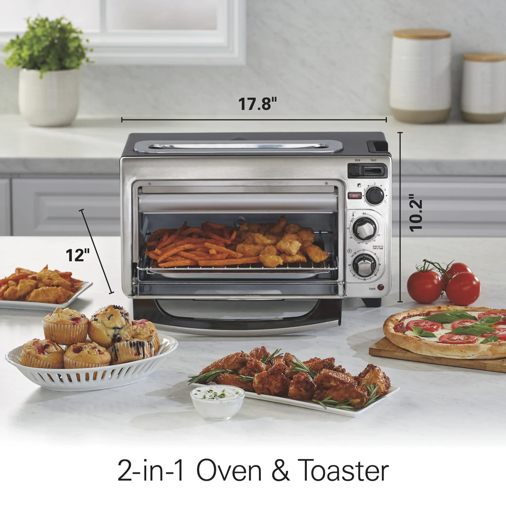 2026 NewHamilton Beach 2-in-1 Countertop Toaster Oven & Long Slot 2 Slice Toaster Combo, Stainless Steel
