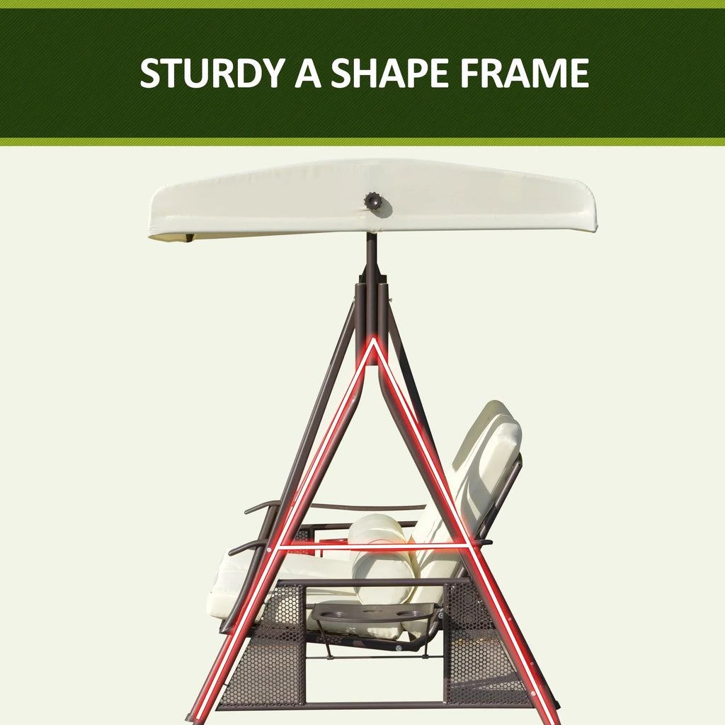 2026 NewOutsunny 2-Person Patio Swing Bench with Adjustable Shade Canopy, Soft Cushions, Throw Pillows and Tray, Beige.