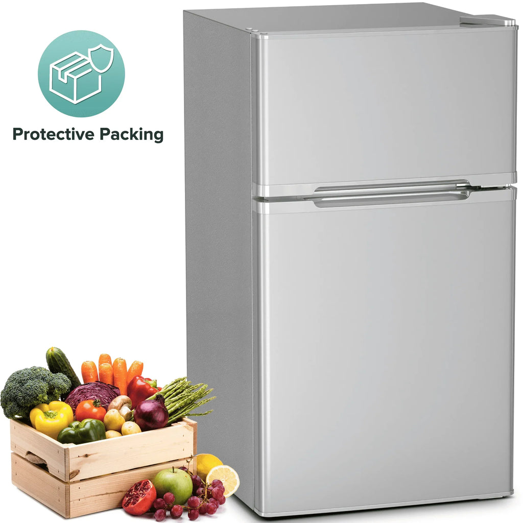 2026 NewAuseo 3.1 Cu.Ft Double Door Mini Fridge with Freezer, Compact Retro Refrigerator for Dorm, Office, Bar, Bedroom, Black