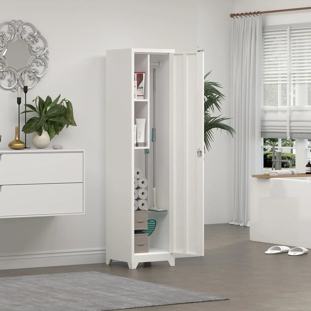 2026 NewMarcree Slim Broom Storage Cabinet, Metal Cabinet with Shelves and Hanging Rod, 65" Utility Storage Cabinet with Locking Door, Tall Cleaning Storage Cabinet for Kitchen, Pantry, Office, Shop, Garage