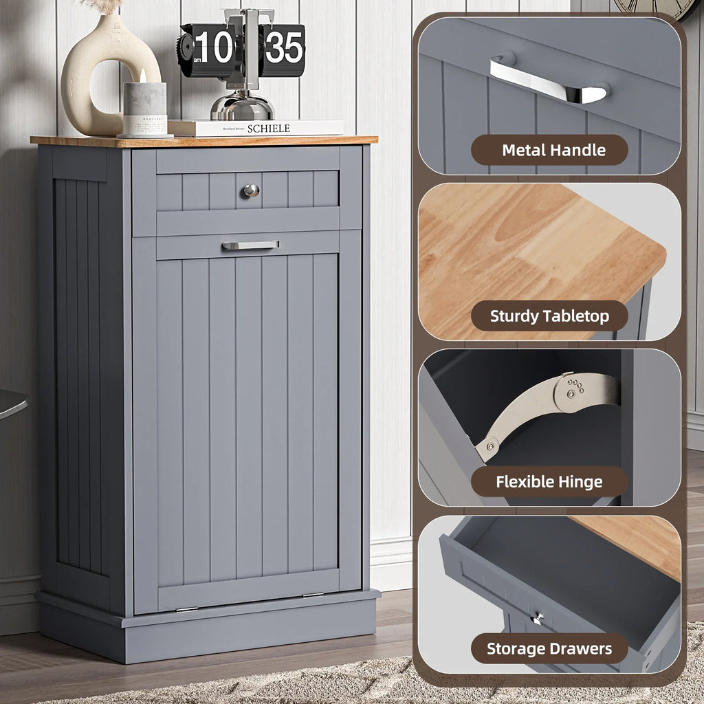 2026 NewHARIPUL Single Tilt Out Trash Cabinet for 13 Gallon Waste Bin, Free Standing Kitchen Trash Can Cabinet with Drawers, White
