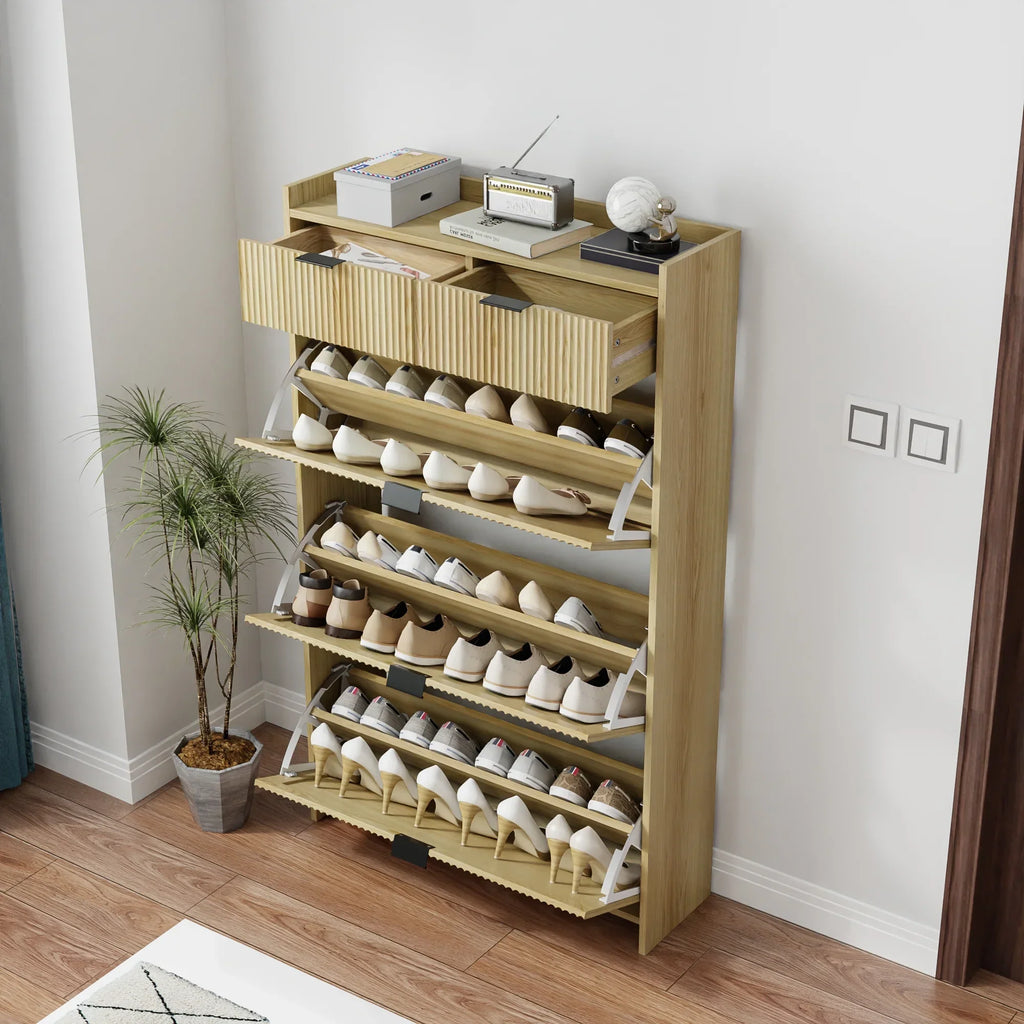 2026 NewShoe Cabinet, Free Standing Tipping Bucket Shoe Rack Organizer with 3 Flip Drawers, Modern Entryway Narrow Shoe Rack with 2 Drawers & Top Storage, for Hallway Bedroom, Walnut