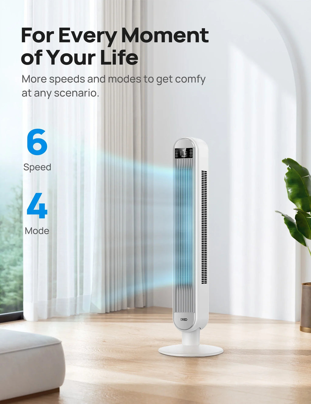 2026 NewDreo Tower Fan for Home, 42" Standing Fan with Remote, 90" Oscillating Fan for Indoors, 34dB Quiet Bedroom Fans, 6 Speeds, 4 Modes, 12H Timer, Bladeless Fan with LED Display, 26 ft/s High Velocity