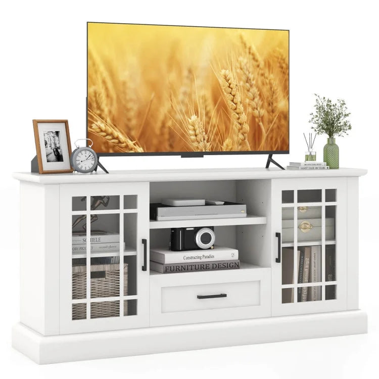 2026 NewTV Stand for TVs up to 70 with Glass Doors Cubbies and Drawer