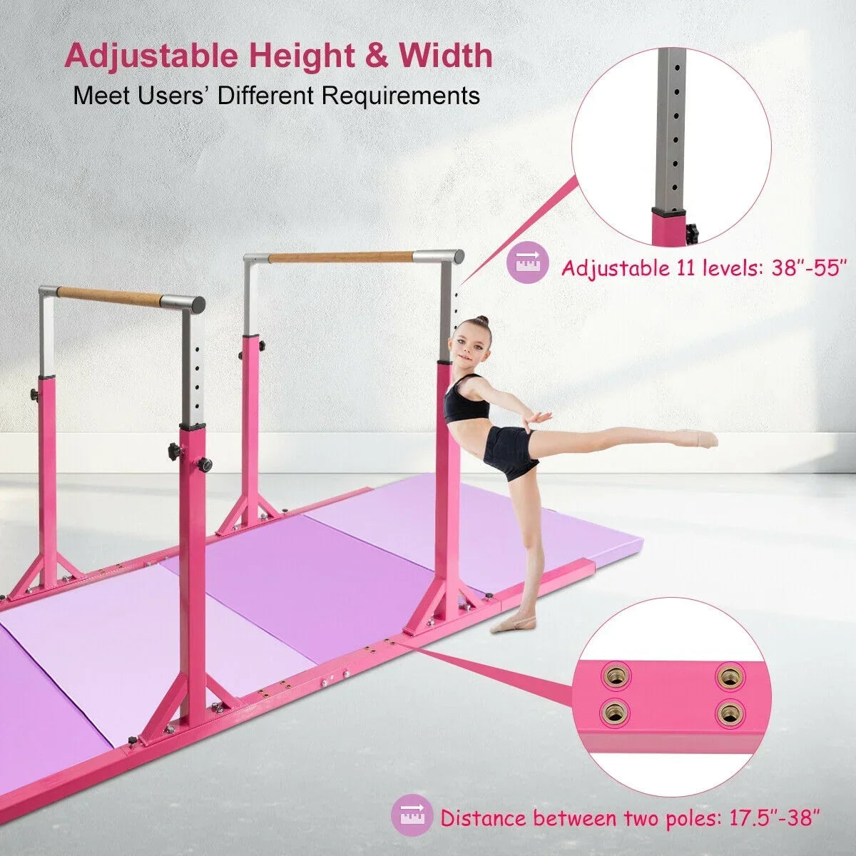 2026 NewCostway Kids Gymnastics Parallel Bars Double Horizontal Bars Adjustable Width Height