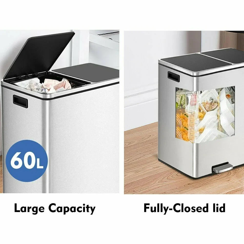 2026 NewLAZY BUDDY Dual Garbage Can, Stainless Steel 16 Gallon Step Kitchen Trash Can with Soft-Close Lid, Double Compartment Garbage Recycling Bin