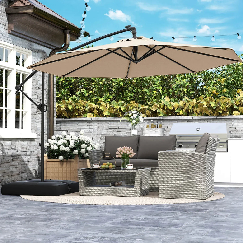 2026 NewCostway 10 FT Solar Offset Hanging Umbrella Patio Cantilever Umbrella with 32 LED Lights Brown