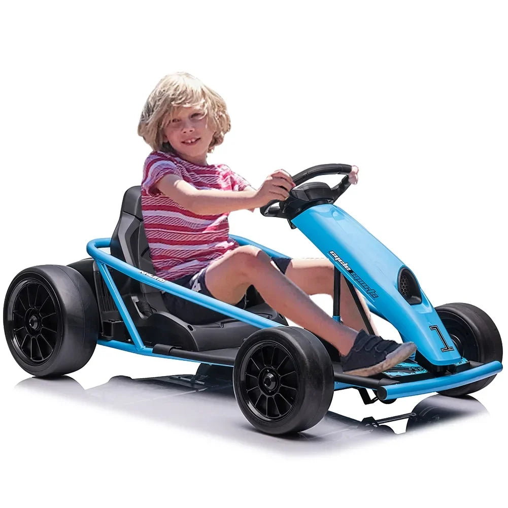 2026 NewSimzone Go Kart for Kids 24V Battery 300WX2 Motors Pedal On Foot Go Cart 8MPH High Speed Drifting Car with Slow Start Function Music Elastic Durable Tires, Blue