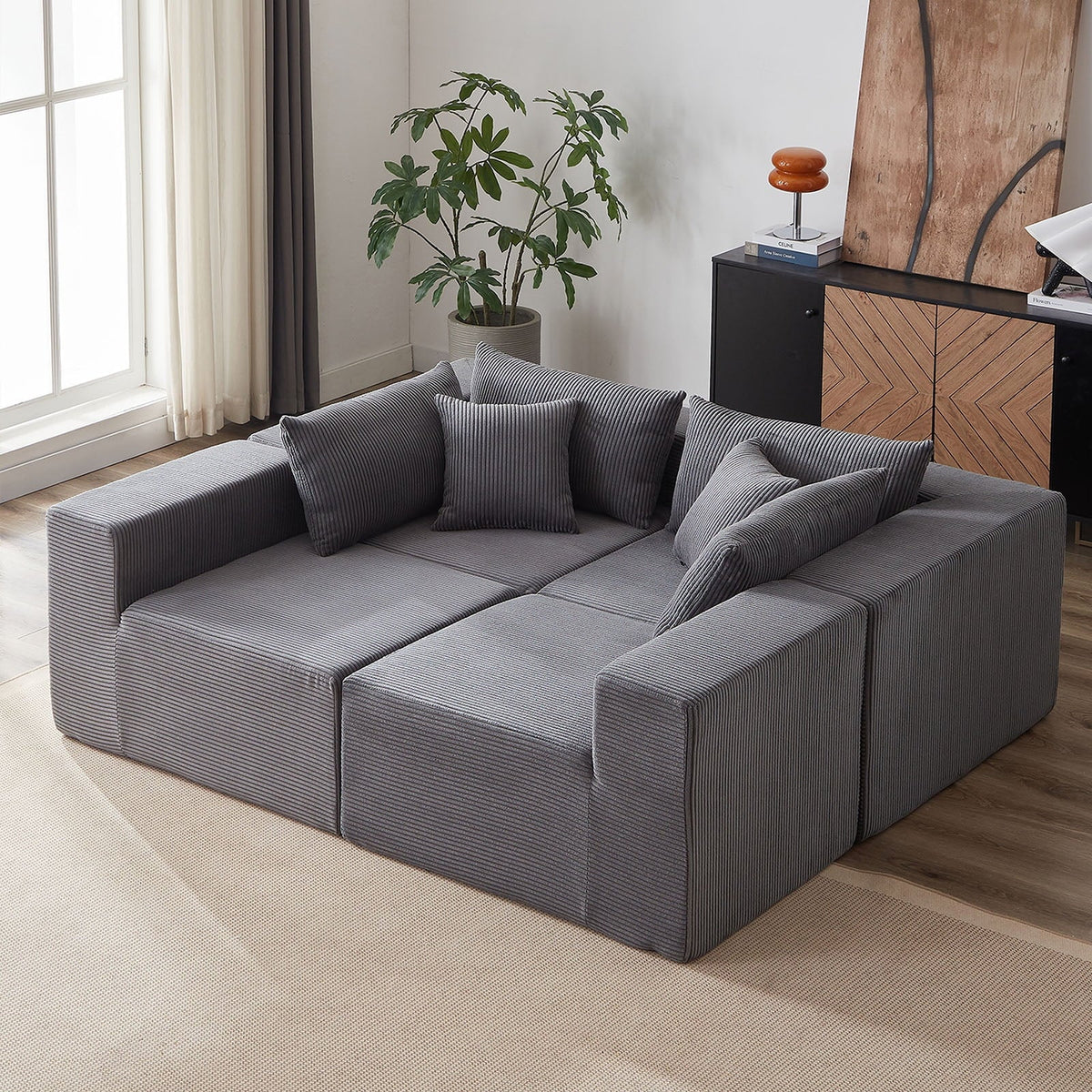2026 New104-Inch Corduroy Modular L Shaped Sectional Sofa,Luxury Floor Couch Set,Upholstered Indoor Furniture,Foam-Filled Compressed Sofa for Living Room,Bedroom,4 PC Free Combination