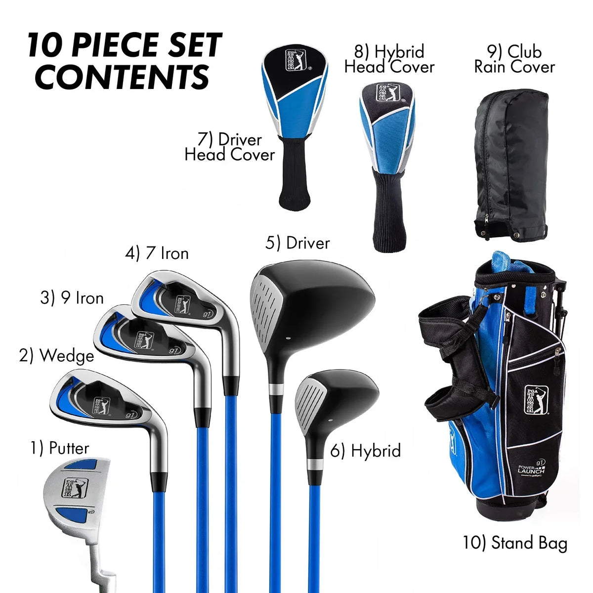 2026 NewPGA Tour Right-Handed 10 Piece Kids Golf Club Stand Bag Set; Player Height 4'8 - 5'2", Ages 8-12