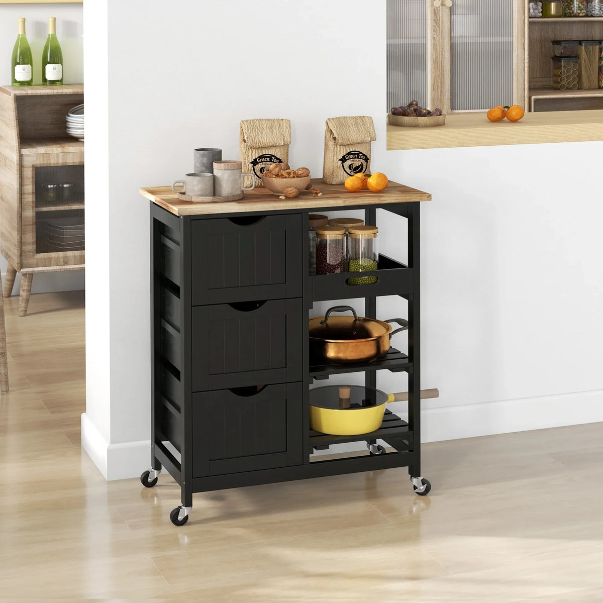 2026 NewHOMCOM Rolling Kitchen Island Cart, Bar Serving Cart, Compact Trolley on Wheels with Wood Top, Shelves & Drawers for Home Dining Area, Grey