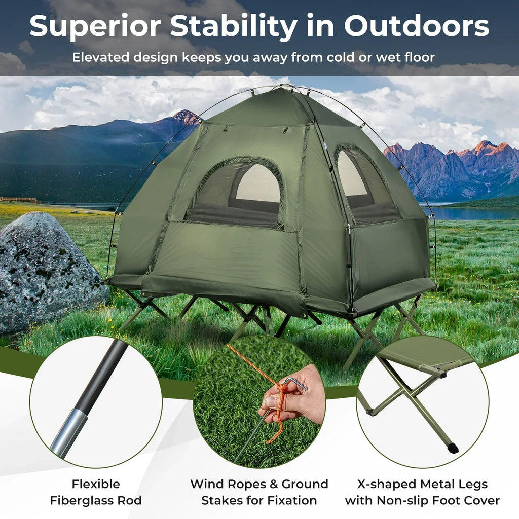 2026 NewPatiojoy Folding 2-Person Camping Tent Cot Portable Pop-Up Tent with Sleeping Bag&Air Mattress for Outdoor Activity