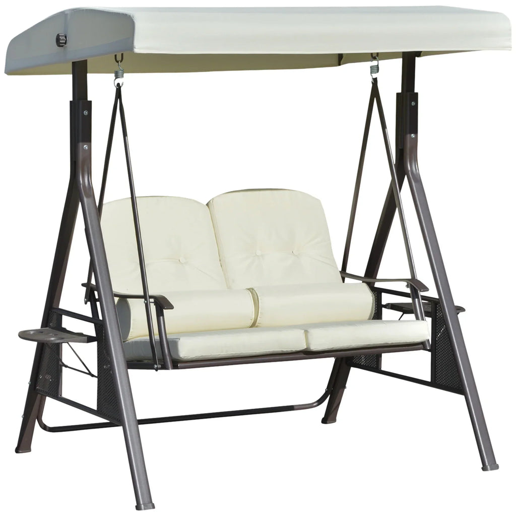 2026 NewOutsunny 2-Person Patio Swing Bench with Adjustable Shade Canopy, Soft Cushions, Throw Pillows and Tray, Beige.