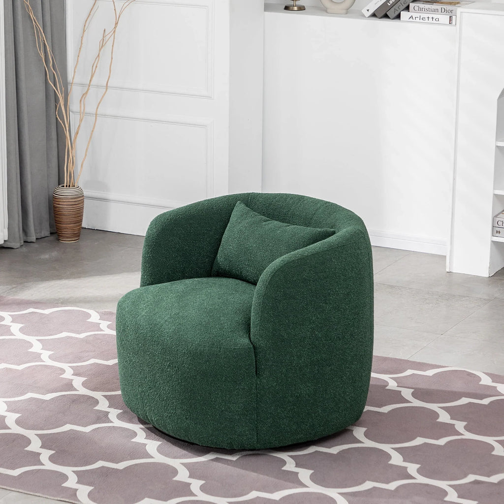2026 New34" Wide Boucle Swivel Barrel Chair, No Assembly Round Upholstered Armchair Accent Chair Single Sofa Chair with Toss Pillow for Living Room and Bedroom, Taupe