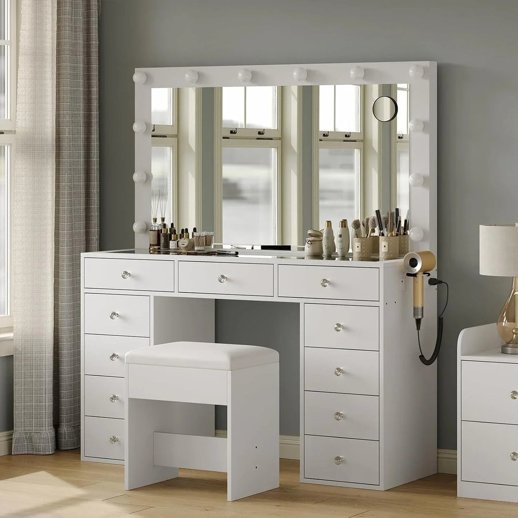 2026 NewWhite Vanity Desk with Illuminated Mirror & Power Outlet, 11 Drawers Vanity Table with Chair, Makeup Vanity with 12 LED Lights, Tempered Glass Top, Dressing Table for Bedroom,Dressing Room