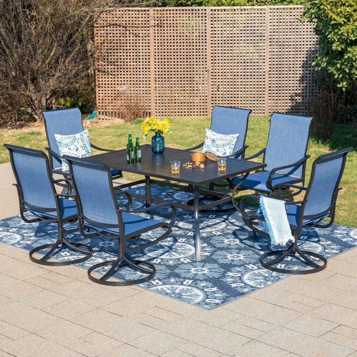 2026 NewMF Studio 6-Person Outdoor Rectangular Metal Dining Table with Umbrella Hole, All-Weather Resistance Patio Table, Black