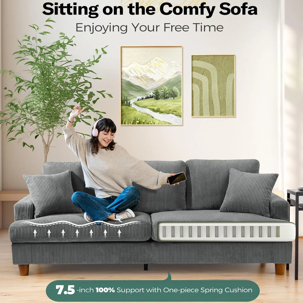 2026 New87" Corduroy Sofa,3 Seater Sofa with Extra Deep Seats,Neche Comfy Upholstered Couch for Living Room,2 Pillows,Green