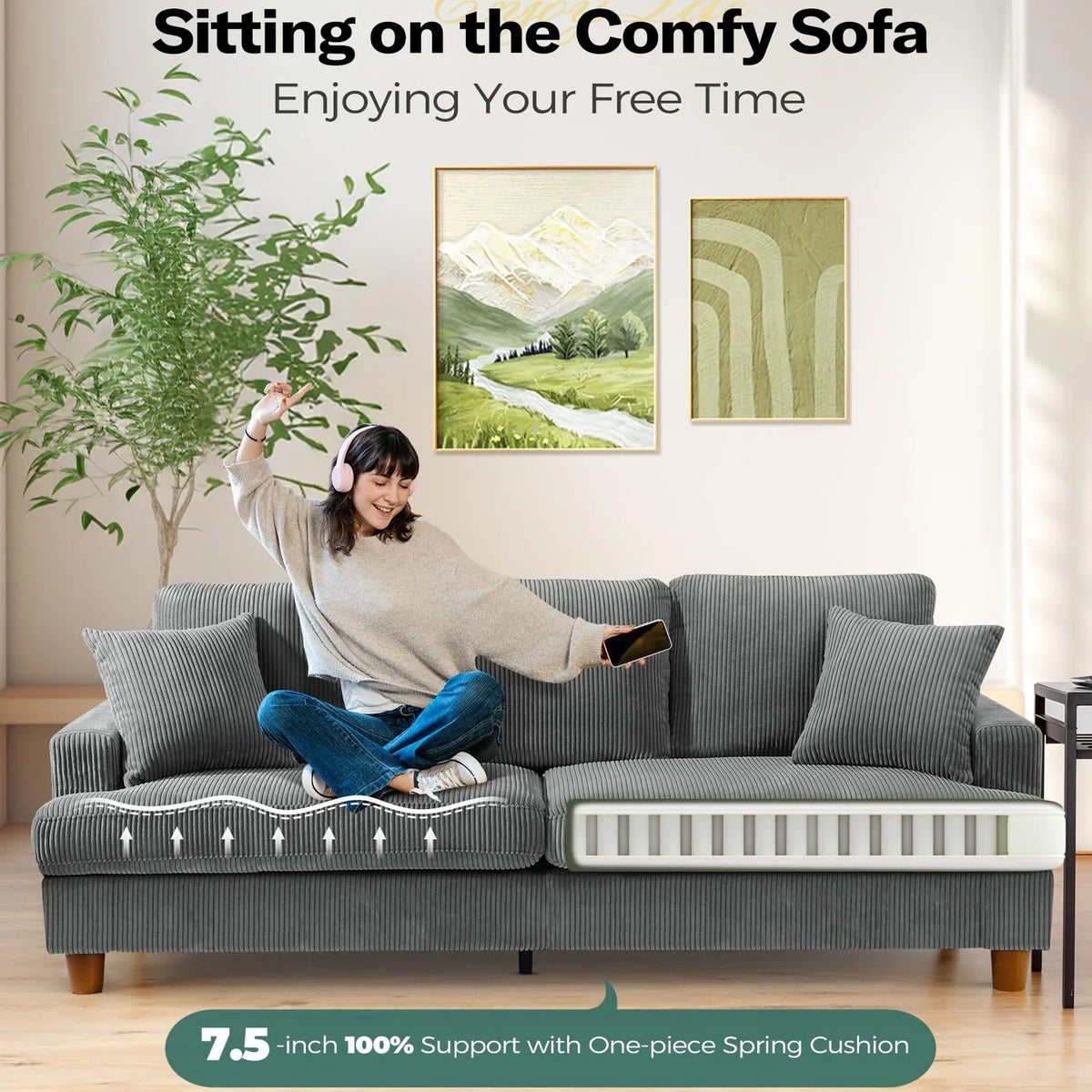2026 New87" Corduroy Sofa,3 Seater Sofa with Extra Deep Seats,Neche Comfy Upholstered Couch for Living Room,2 Pillows,Green
