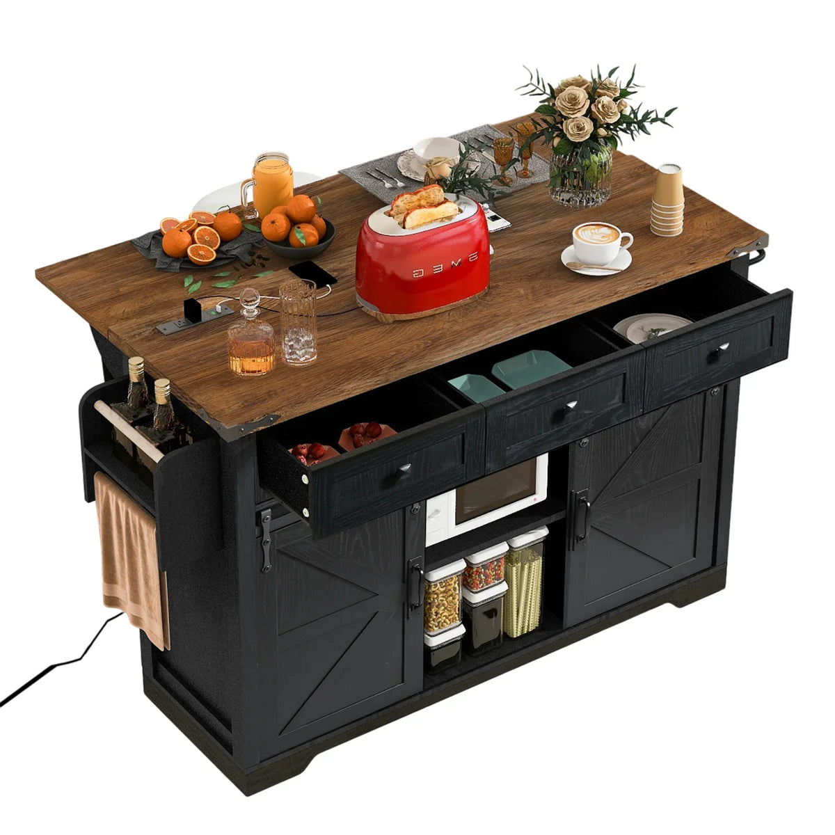 2026 NewHomy Casa Farmhouse 53.7" Kitchen Island with Storage Cabinet, Sliding Barn Doors, and Wheels, White Oak