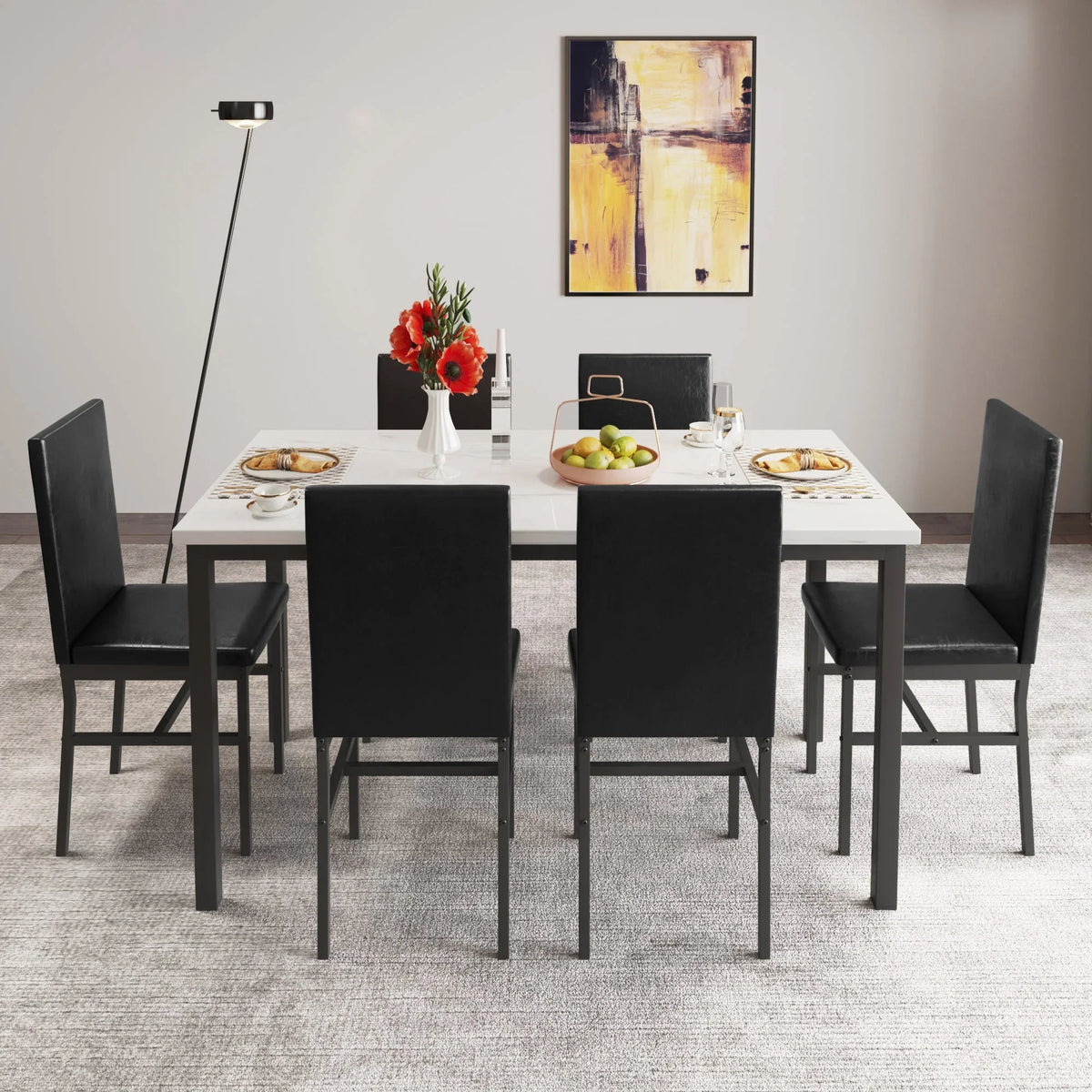 2026 NewDining Table with 6 High-back Upholstered Chairs, Modern Dinette Set, Dining Table and Chairs Set for 6 Persons, Small Home Kitchen Dining Table Set, Ideal for Apartment Breakfast Nook Bar, B1470