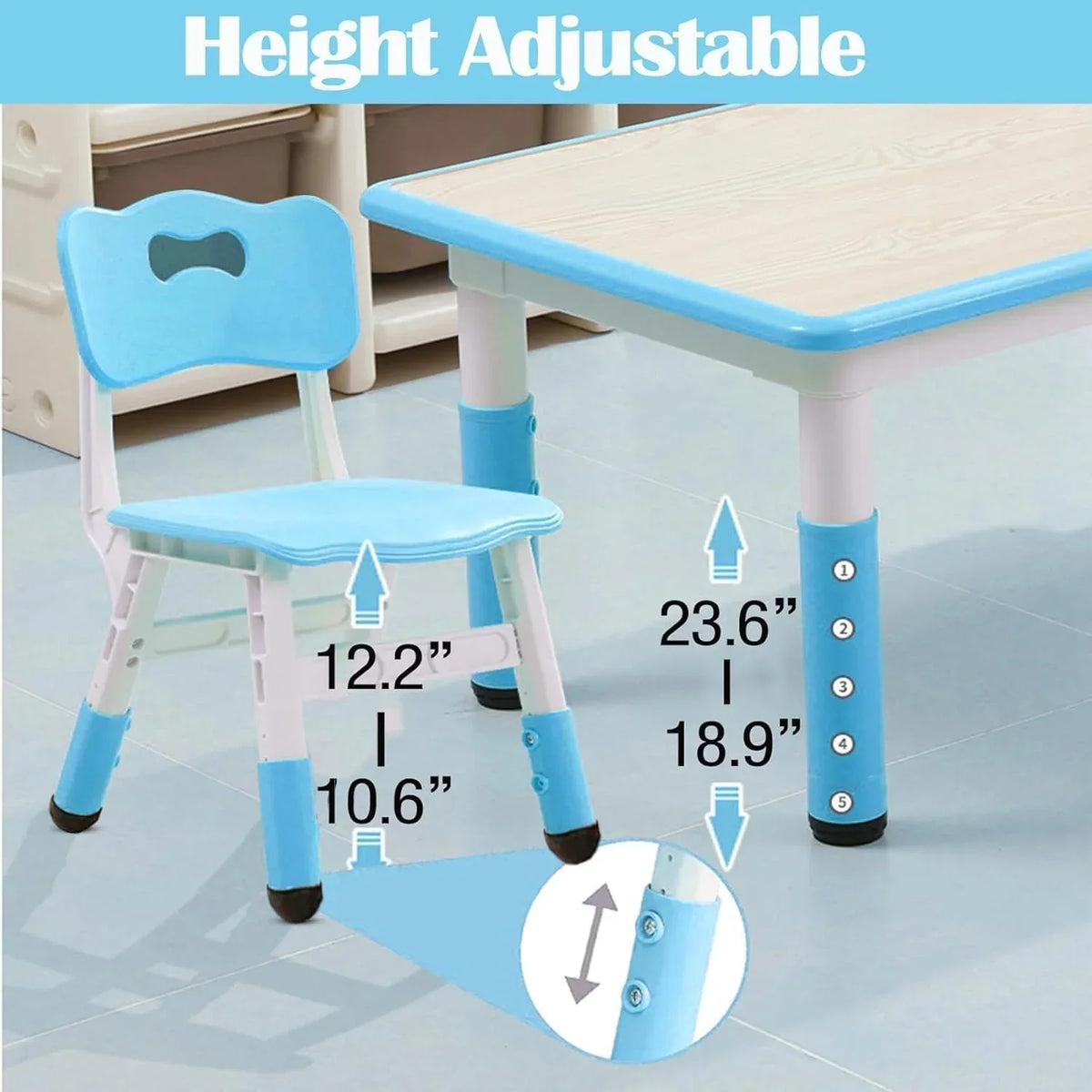2026 NewTROPOW Kids Table and Chairs,Height Adjustable Toddler Table and 6 Chair,Multi-Activity Table with Graffiti Desktop Non-Slip Legs for Ages 2-10,Children Activity Table for Daycare,Classroom,Blue