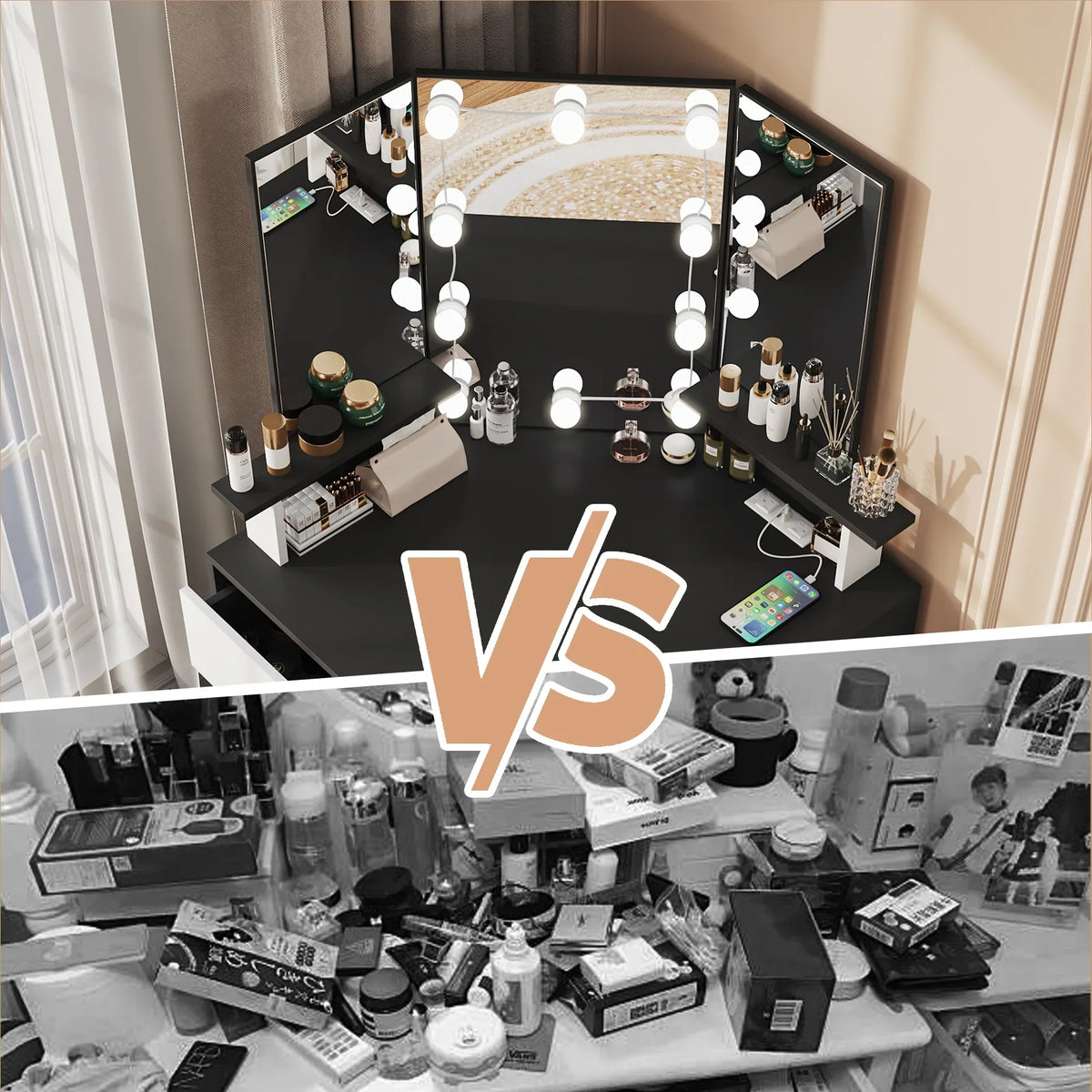 2026 NewVeanerwood White Corner Vanity Desk with Mirror and Light,Makeup Table with 4 Drawers and Charging Station for Bedroom