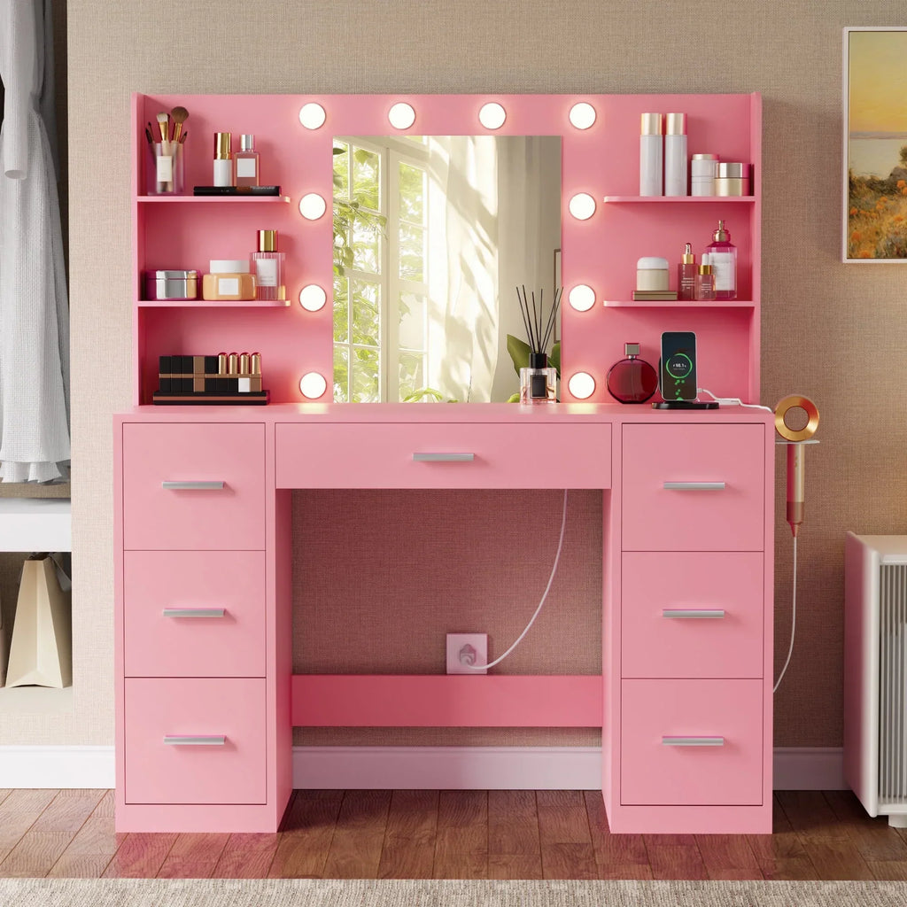 2026 NewLacoo Vanity Desk with Mirror and LED Lights, Makeup Vanity with 7 Drawers & 4 Shelves, Vanity Table with Power Outlet for Bedroom Dressing Room, White