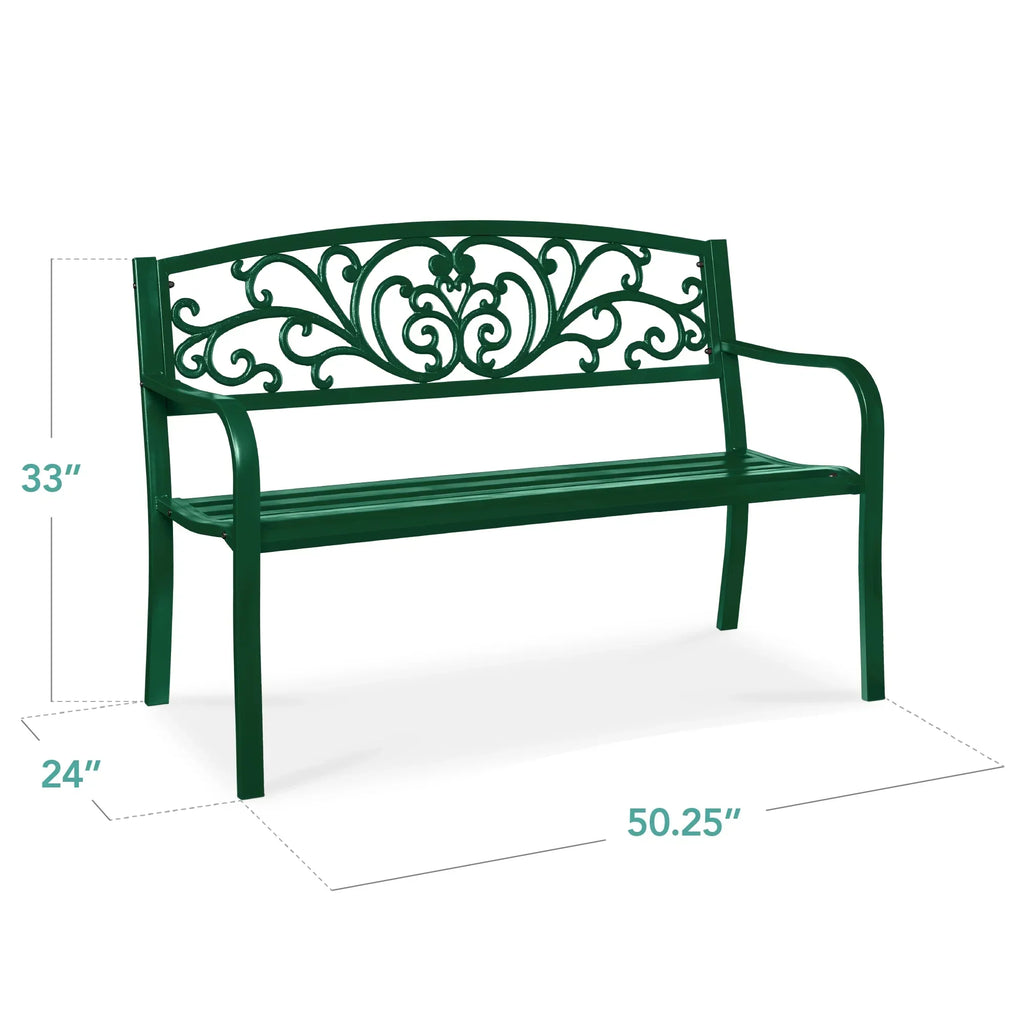 2026 NewBest Choice Products Outdoor Steel Bench Garden Patio Porch Furniture w/ Floral Design Backrest - Black