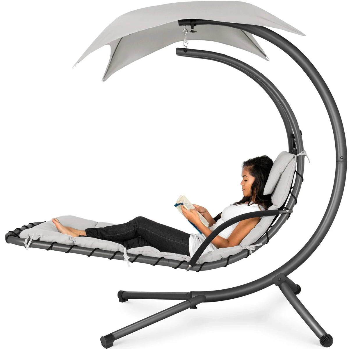 2026 NewBest Choice Products Hanging Curved Chaise Lounge Chair Swing for Backyard, Patio w/ Pillow, Shade, Stand - Teal