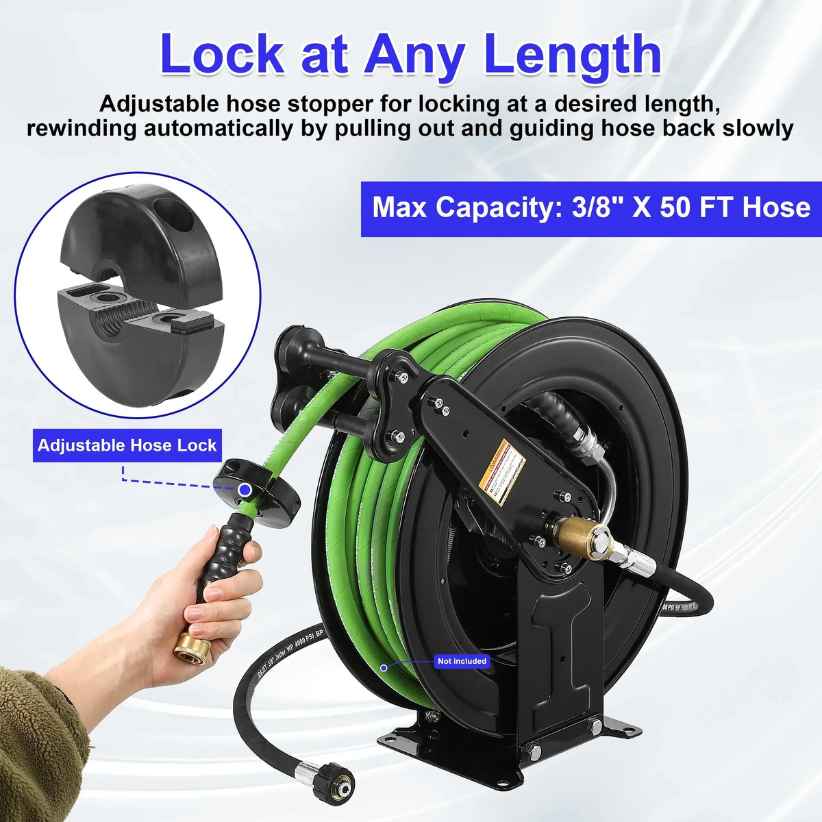 2026 NewAuto-Retractable Pressure Washer Hose Reel, 50FT x 3/8" Heavy Duty Steel Power Washer Hose Reel Dual Arm, 4000 PSI