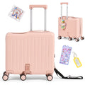2026 NewAdvwin Ride-On Kids Luggage with Pull Strap, Footrests, Cup Holder, 6 Wheels & Adjustable Handle, 18-Inch Spinner Suitcase with Stickers & Boarding Pass, Pink