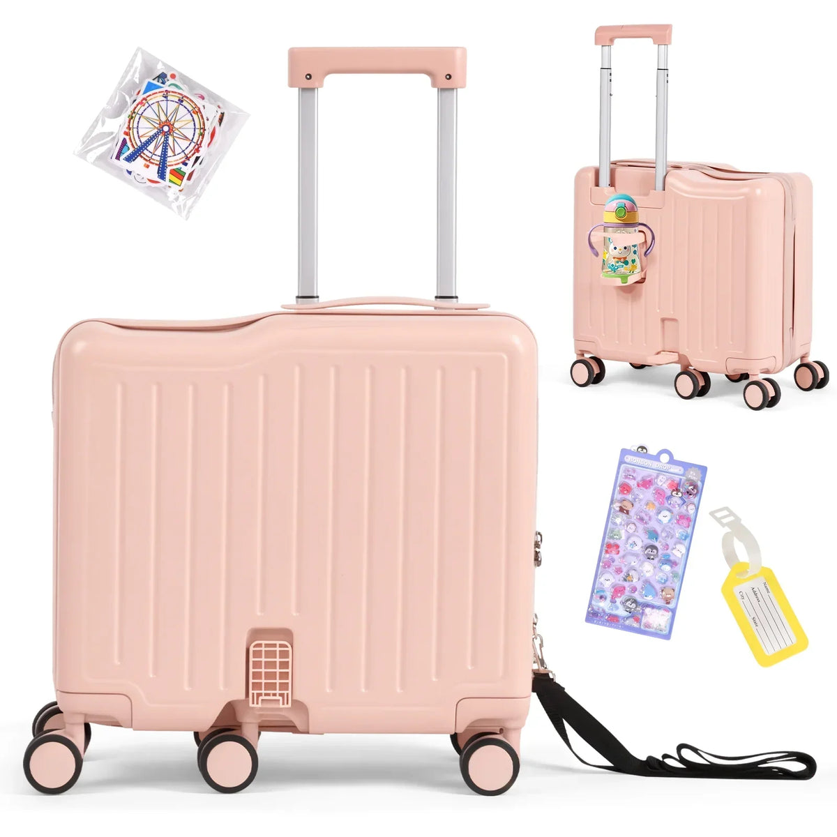 2026 NewAdvwin Ride-On Kids Luggage with Pull Strap, Footrests, Cup Holder, 6 Wheels & Adjustable Handle, 18-Inch Spinner Suitcase with Stickers & Boarding Pass, Pink
