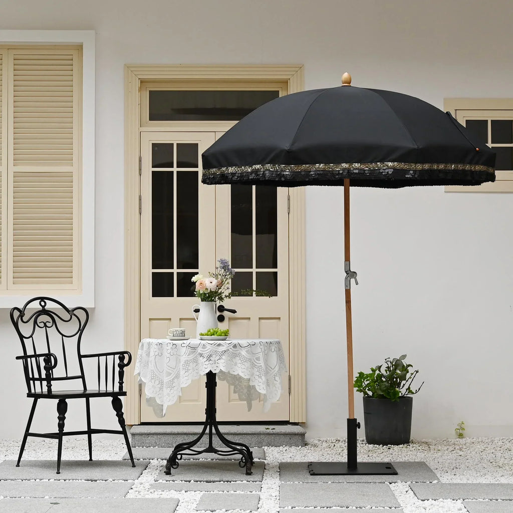 2026 NewLAGarden 6 Ft Fringe Patio Umbrella with Tassel Jazz Age Wood UPF50+ for Outdoor, Beige with gold tassel,Model: JZ6-01